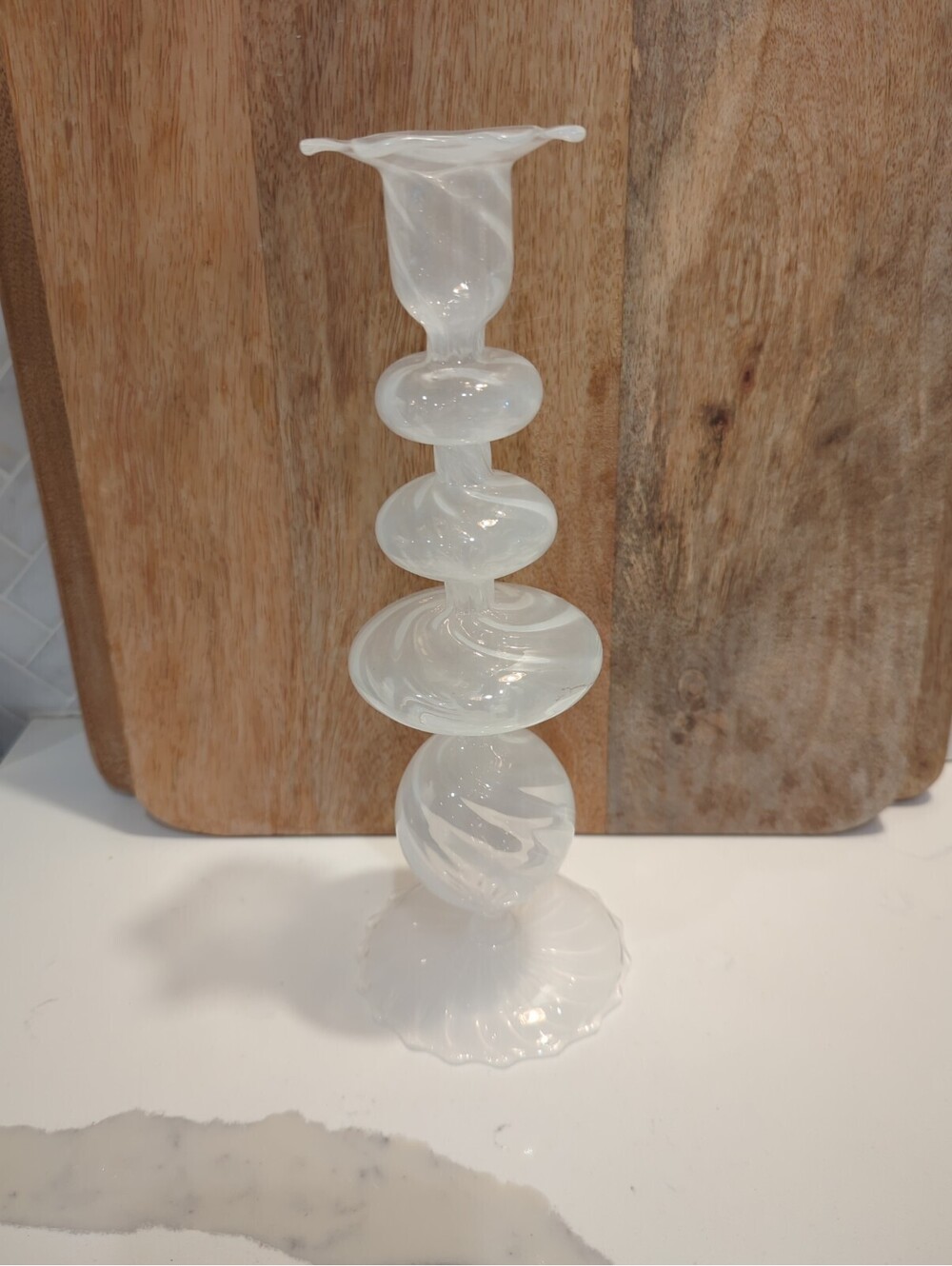 Vintage Boho Blown Glass Candlestick After Murano Milky Glaze One Pcs